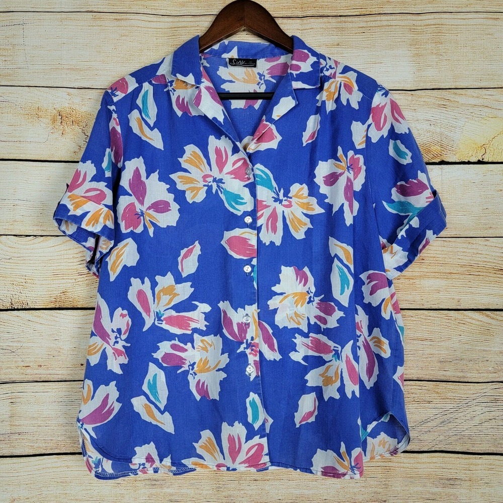 Vtg Lori‎ Of California M Button Front Hawaiian Top Blue Floral Single Stitch